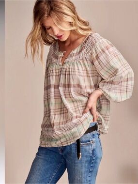 Lucky Brand Pastel Plaid Peasant Blouse - Cream, Tan & Mint